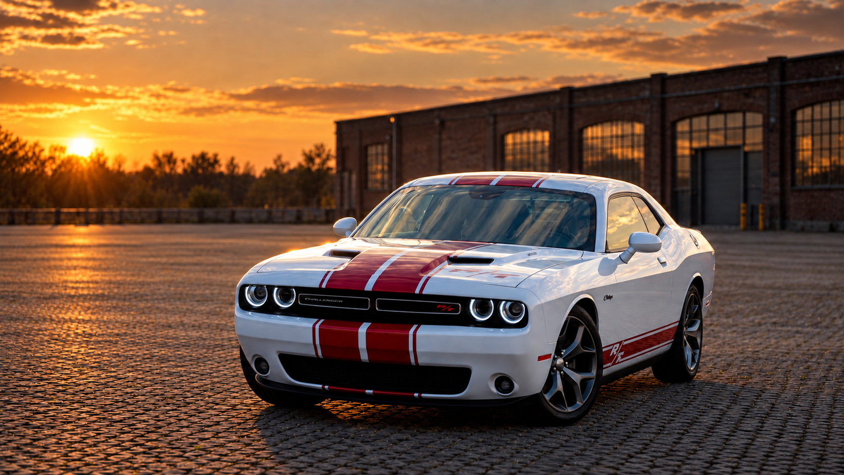 Biały Dodge Challenger z czerwonymi pasami na industrialnym tle o zachodzie słońca