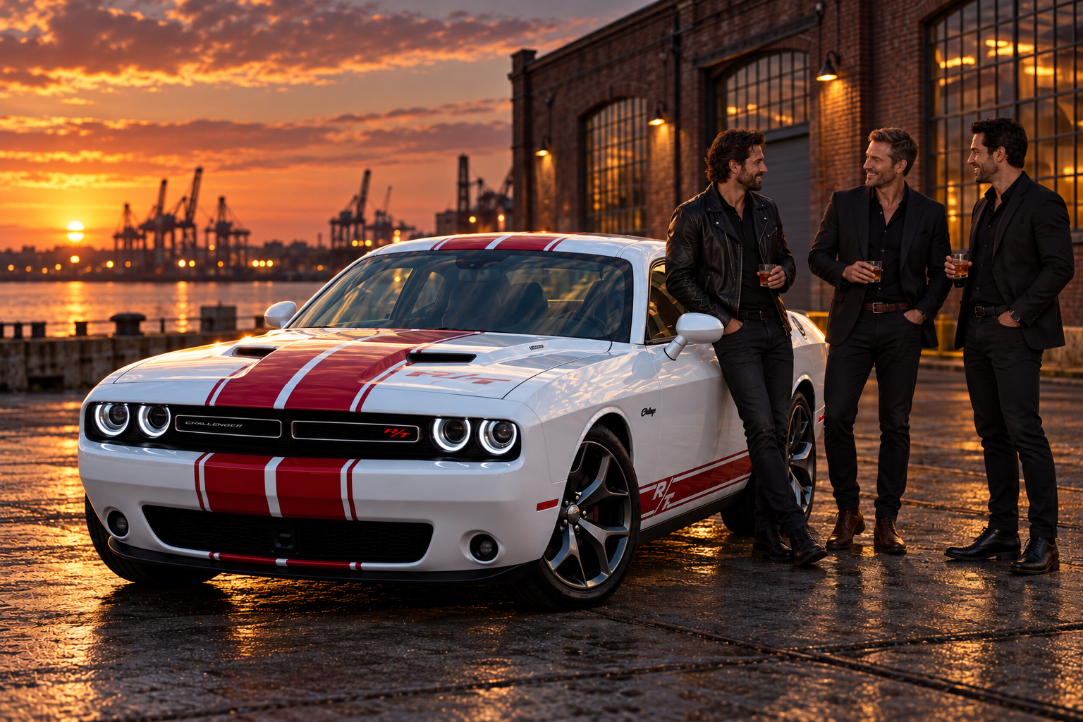 Wizualizacja męskiej sesji: trzech przyjaciół przy Challengerze HEMI V8 na industrialnym nabrzeżu